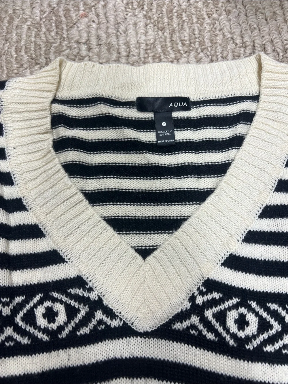 Aqua Black & Cream V-Neck Striped Fair Isle Sweater